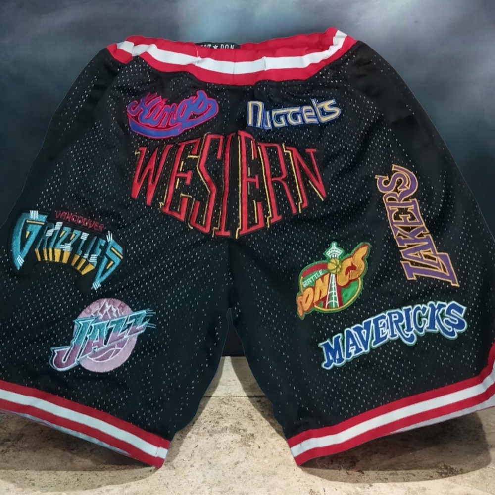 Black 'Western' Patchwork NBA Shorts with Team Logos
